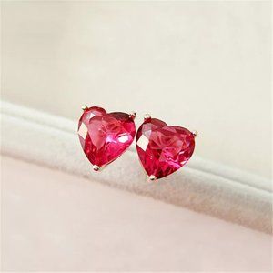 New Womens Ruby Cubic Zirconia Heart Earrings Rose Gold